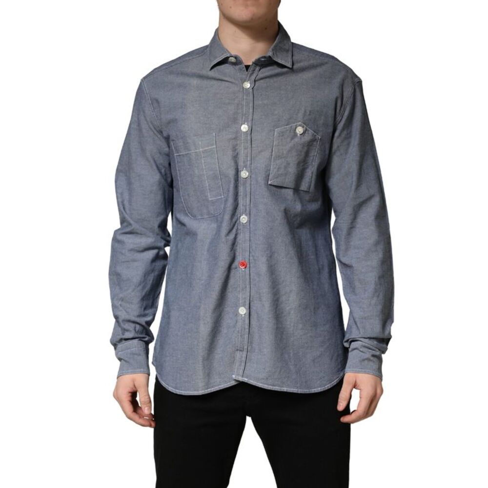 AGLINI Dark Blue Slim Fit Collared Long Sleeve Denim Men's Shirt
